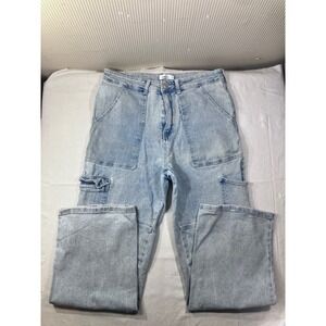 rue21 Womens Light Wash Wide Leg Cargo Carpenter Jeans Size 16 High Rise Baggy